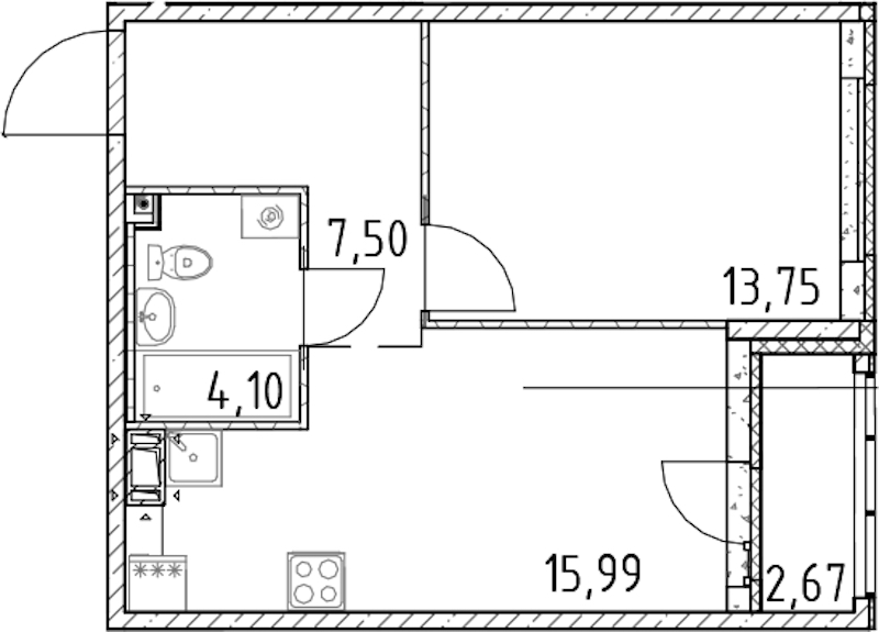 1-комнатная квартира 41.34 м², 14/17 эт., ЖК «Город Первых»